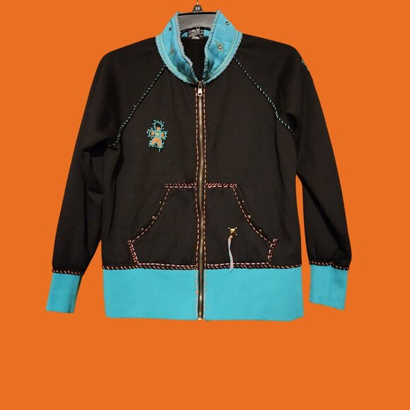 Black Southwestern Embroidered Zip-Up Jacket W/ Bull & Cross Accents Size M - Picture 1 of 8